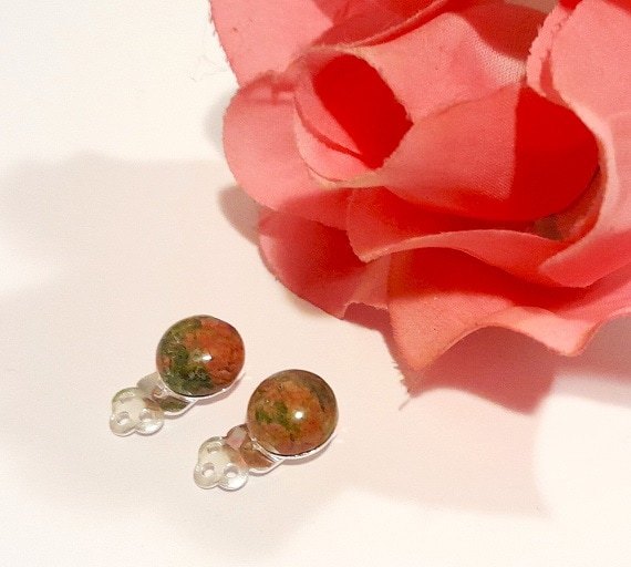 925 silver clip on unakite earrings. 10mm