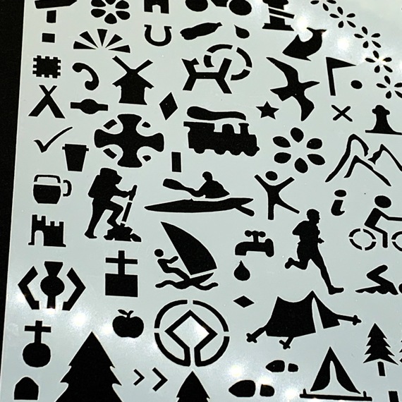 Adventures Journal Stencil, Travel A5 Journal Sized Stencil with adventure activity shapes & OS Symbols, craft mylar stencil showing activity shapes.