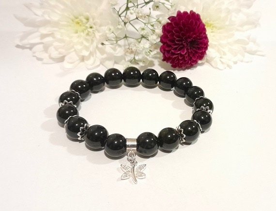 Black Onyx Beaded Bracelet with 925 Silver crystal Encrusted Dragonfly Charm and Floral Accents