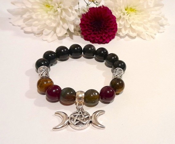 Black Onyx and mixed bead Pagan Pentagram Beaded Bracelet – Strength & Spiritual Protection