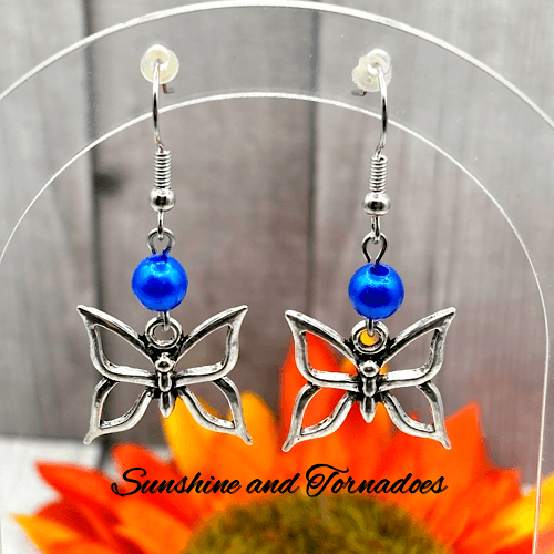 Handmade Silver Butterfly Charm Earrings with Blue Pearl Beads - Image 2