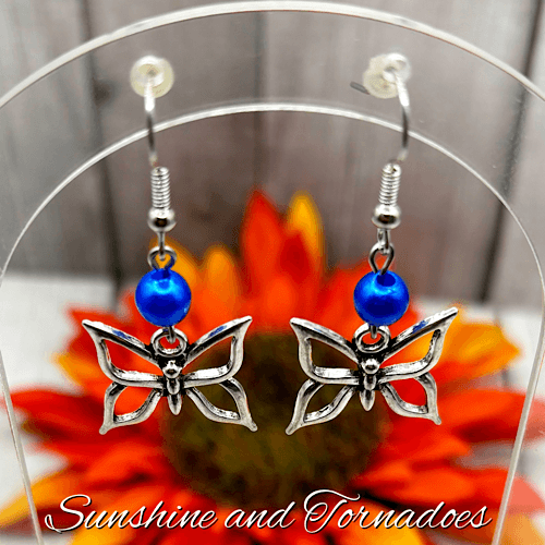 Handmade Silver Butterfly Charm Earrings with Blue Pearl Beads - Image 5