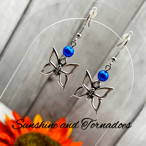 Handmade Silver Butterfly Charm Earrings with Blue Pearl Beads - Image 3