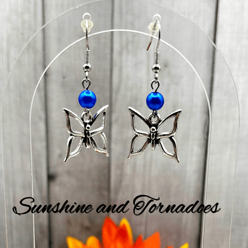 Handmade Silver Butterfly Charm Earrings with Blue Pearl Beads