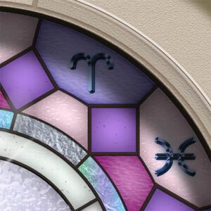 Close up of section of rose window astrology chart