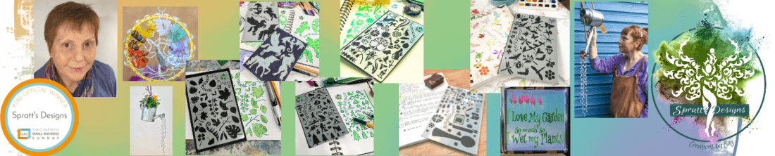Shop banner showing Saz Spratt and products of Journal Stencils, watering-can Sun-Catchers and Trees of life with crystals