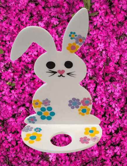 Easter acrylic bunny with hand painted dot art on white. approx 5.5 inches high. Hole at base for small Easter egg.