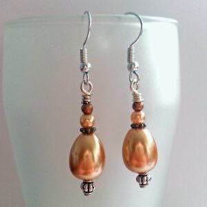 Handmade Amber Pearl Droplet Earrings – Elegant Dangly Drop Earrings with Vintage-Inspired Charm