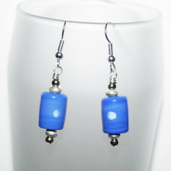 Handmade Blue Ceramic Bead Drop Earrings with White Spots – Quirky Dangly Earrings