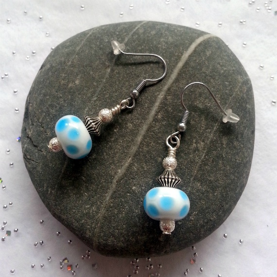Handmade Blue Spotty Glass Bead Drop Earrings – Quirky Dangly Earrings with Silver Accents