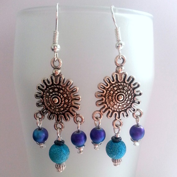 Handmade Chandelier Earrings – Dangly Drop Earrings with Blue And Purple Beads, Boho Festival Style