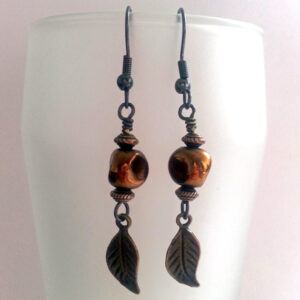 Handmade Copper Beaded Drop Earrings with Bronze Leaf Charms – Nature Inspired Dangly Earrings