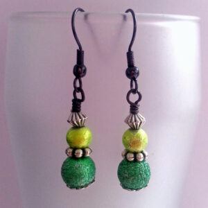 Handmade Green Beaded Drop Earrings – Textured Dangle Earrings with Boho Charm