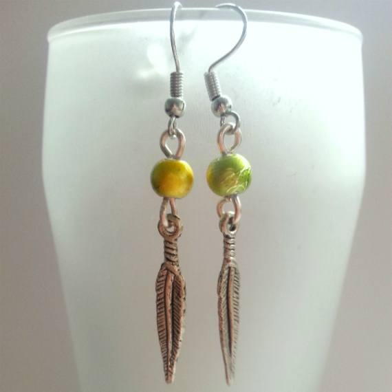 Handmade Green Feather Earrings – Drop Dangle Earrings with Beads and Antique Silver Charms