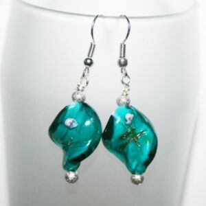 Handmade Green Glass Twist Earrings – Unique Dangly Drop Earrings with Silver Accent Beads