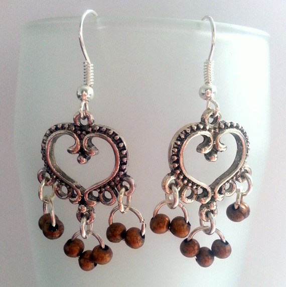 Handmade Heart-Shaped Chandelier Drop Earrings with Copper Beads – Romantic Boho Statement Jewellery