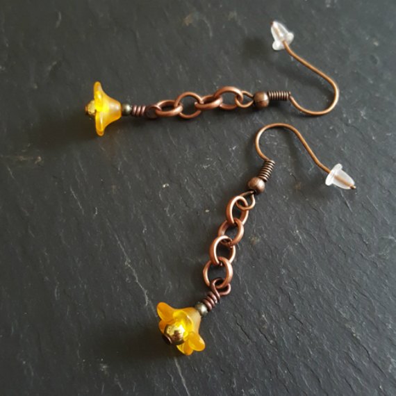 Handmade Small Orange Flower Dangly Drop Earrings with Copper Tone Chain