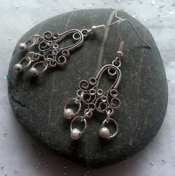 Handmade Vintage-Style Chandelier Drop Earrings with Silver Stardust Beads