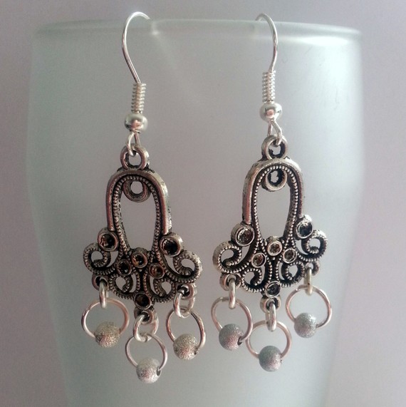 Handmade Vintage-Style Chandelier Drop Earrings with Silver Stardust Beads