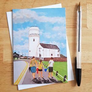 Hunstanton Lighthouse Family Seaside Walk Greetings Card – Blank Any Occasion Card Featuring Acrylic Painting Print