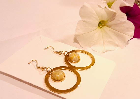 Indonesian coral gold coloured hoop gemstone earrings with 18k gold plated wires alt view. cream beige gold patterned coral gemstone