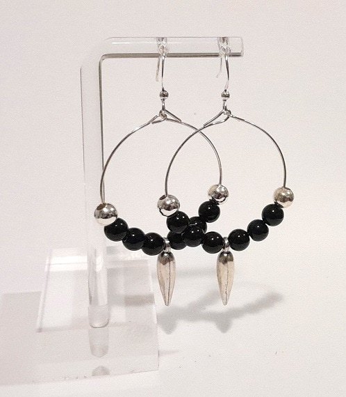 Large hoop black ony beaded teardrop earrings on 925 silver wires