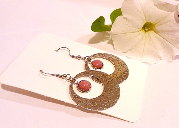 Large hoop pink opal gemstone with flowered imprinted circle earrings