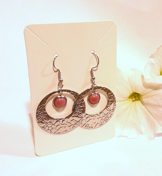 Large hoop pink opal gemstone with flowered imprinted circle earrings