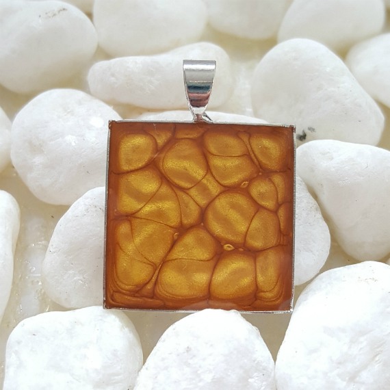 One-of-a-Kind Hand Painted Golden Yellow Resin Pendant – Abstract Organic Square Necklace