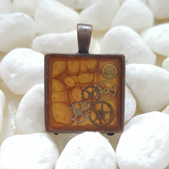 One-of-a-Kind Hand Painted Steampunk Cog Resin Pendant – Golden Yellow Abstract Square Necklace – Handmade Artisan Jewellery UK
