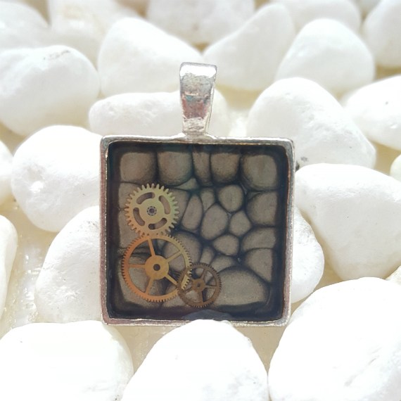 One-of-a-Kind Hand Painted Steampunk Pendant – Square Black Resin Necklace with Cogs – Handmade Industrial Art Jewellery UK