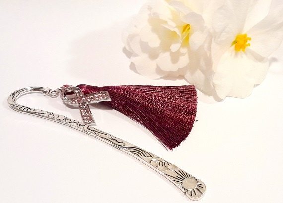 Pink Ribbon Bookmark with Burgundy Tassel and Encrusted Bow. Embossed metal eg.