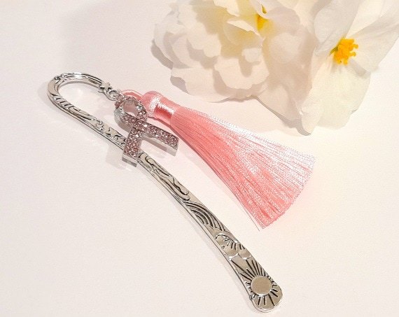 Pink ribbon bookmark with encrusted cubic zirconia ribbon charm and plush pink tassel