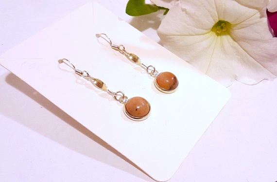 Rhodochrosite peachy pink gemstone with silver twist dangle earrings with 925 silver wires alt view