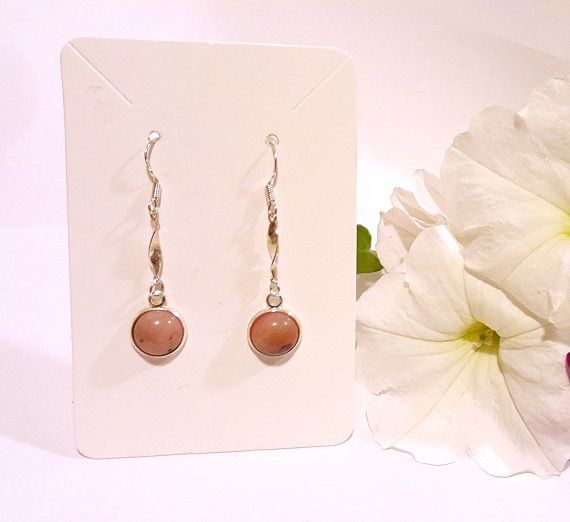 Rhodochrosite peachy pink gemstone with silver twist dangle earrings with 925 silver wires
