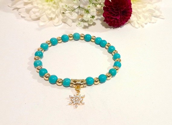 Turquoise Beaded Bracelet with 18K Gold-Plated Cubic Zirconia Star Charm