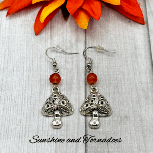 Handmade Mushroom/Toadstool Drop Earrings with Red Carnelian Gemstone Beads.