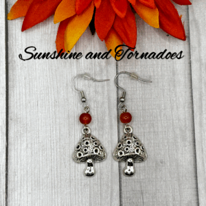 Handmade Mushroom/Toadstool Drop Earrings with Red Carnelian Gemstone Beads.