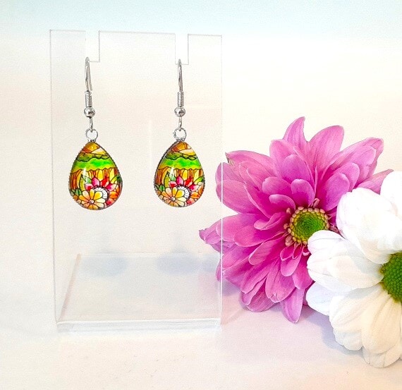 Boho flower yellow green hippy chic rhodium plated teardrop earrings