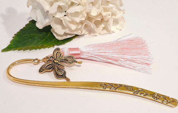 Butterfly bookmark dark gold butterfly with pink tassel