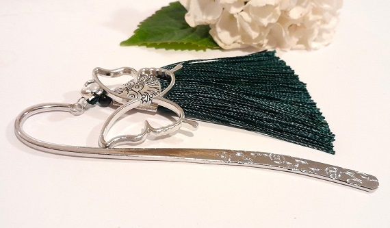 Butterfly bookmark large silver hollow with green tassel alina