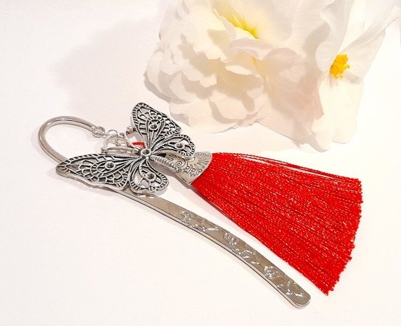 Butterfly bookmark large silver red tassel