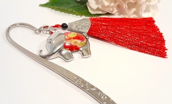 Chunky silver Elephant Bookmark with Red Tassel