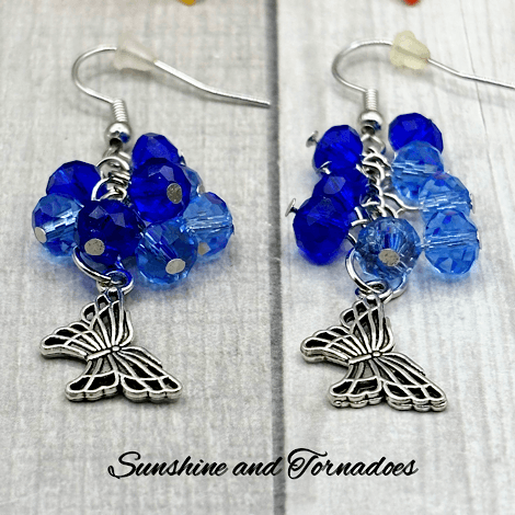 Handmade Silver Butterfly Drop Earrings with Blue Faceted Glass Bead Cluster. - Image 2