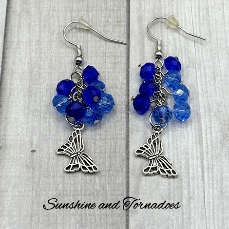Handmade Silver Butterfly Drop Earrings with Blue Faceted Glass Bead Cluster. - Image 3