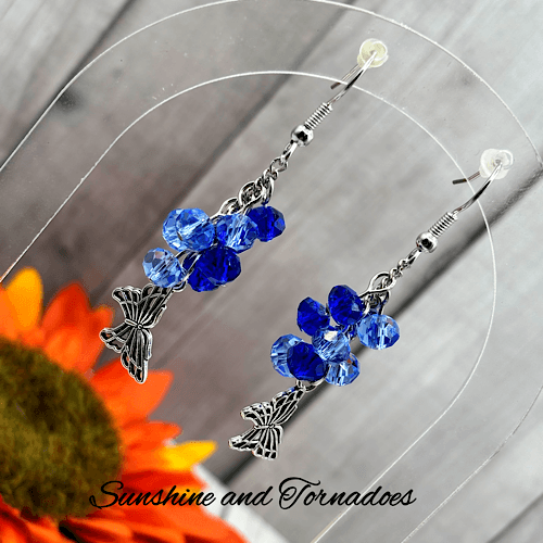 Handmade Silver Butterfly Drop Earrings with Blue Faceted Glass Bead Cluster. - Image 6