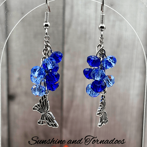 Handmade Silver Butterfly Drop Earrings with Blue Faceted Glass Bead Cluster. - Image 5
