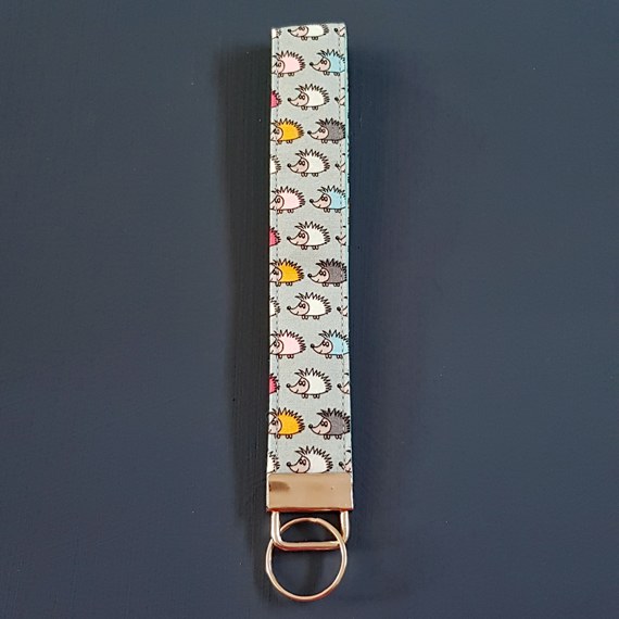 Cute Hedgehog Print Wristlet Keyfob – Handmade Fabric Keyring Strap in Woodland Animal Design