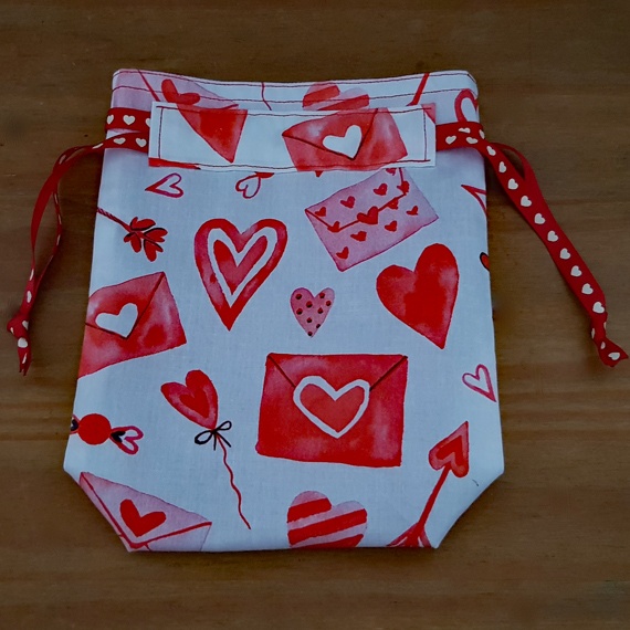 Eco-Friendly Reusable Gift Bag – Red Hearts on White | Small Fabric Drawstring Bag for Birthdays, Valentine’s, and Special Gifts