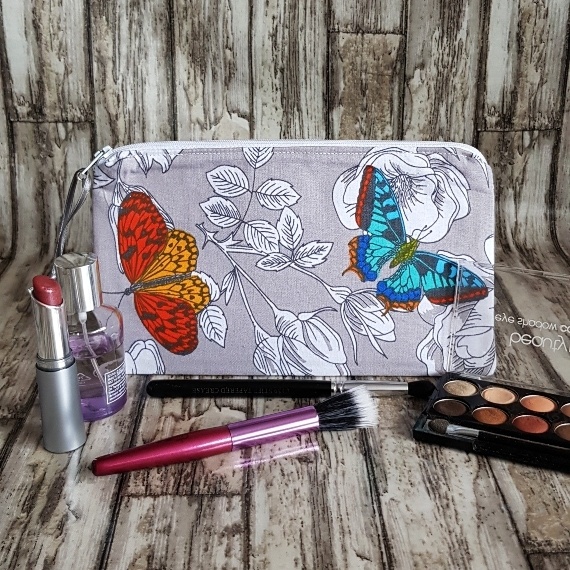 Elegant Grey Butterfly Zipper Pouch – Medium Size Pencil Case, Makeup Bag & Travel Organizer
